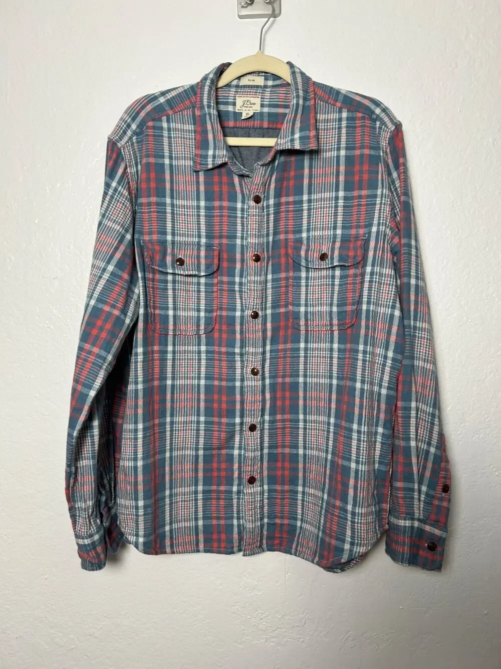 J Crew Slim Fit Flannel Camp Shirt Button Up Plaid Long Sleeve Mens Sz XL